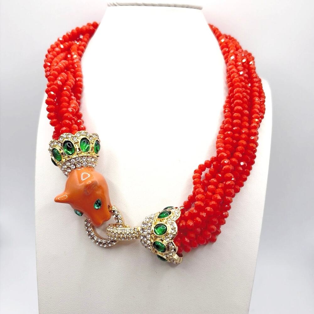 Enamel and Glass Orange Panther Multilayered Necklace Retro Style 16”